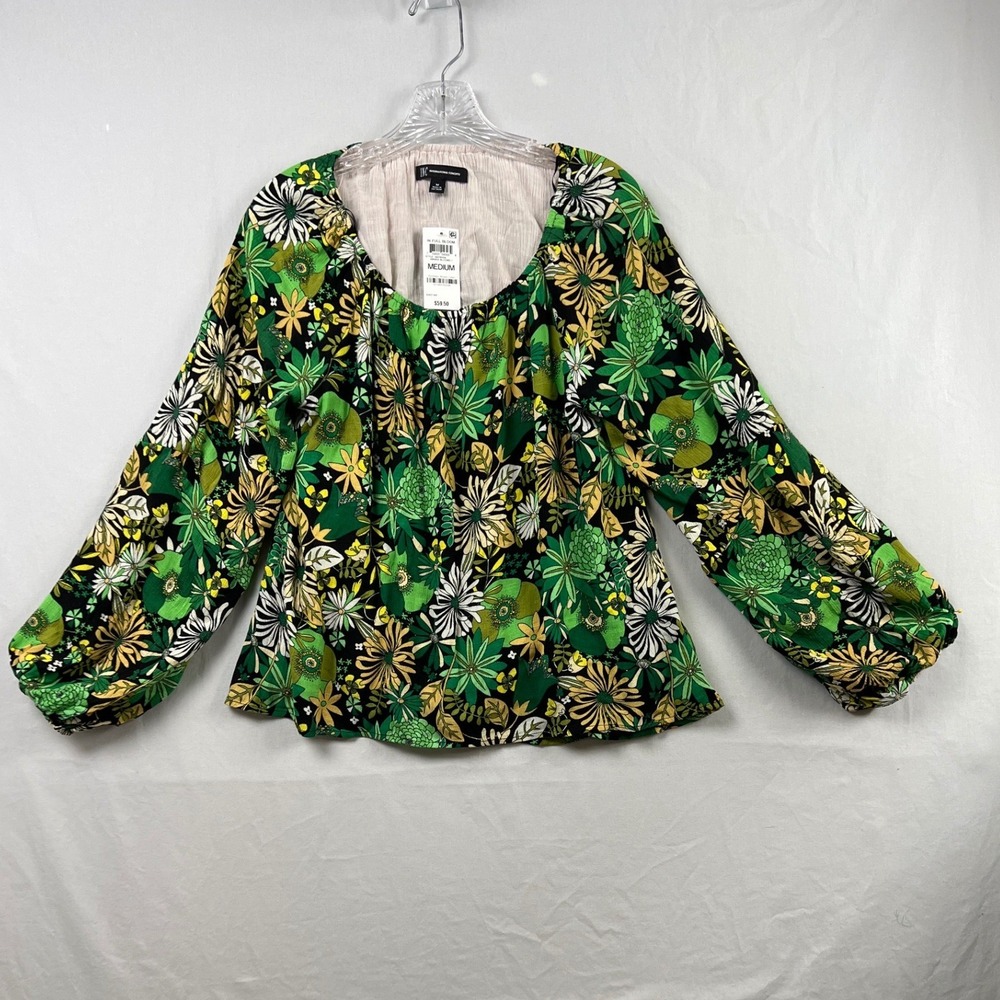 INC International Concepts Blouse Womens Medium Green Floral Peasant Relaxed
